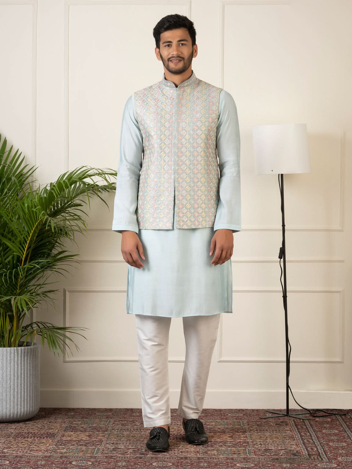 Grey Embroidered Jacket Kurta Set