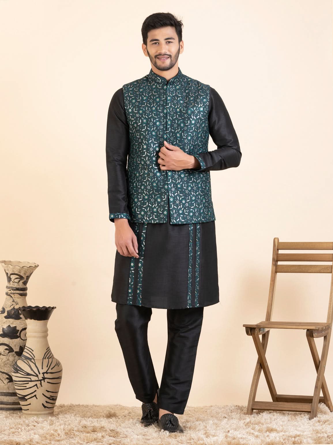 Green Embroidered Jacket Kurta Set