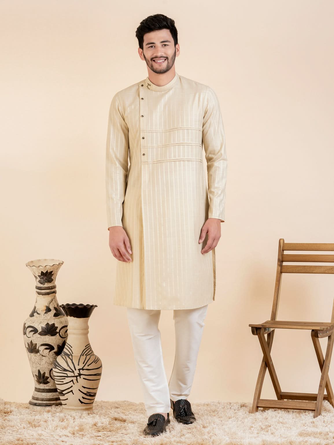 Beige Self Design Side Placket Cotton Kurta Set