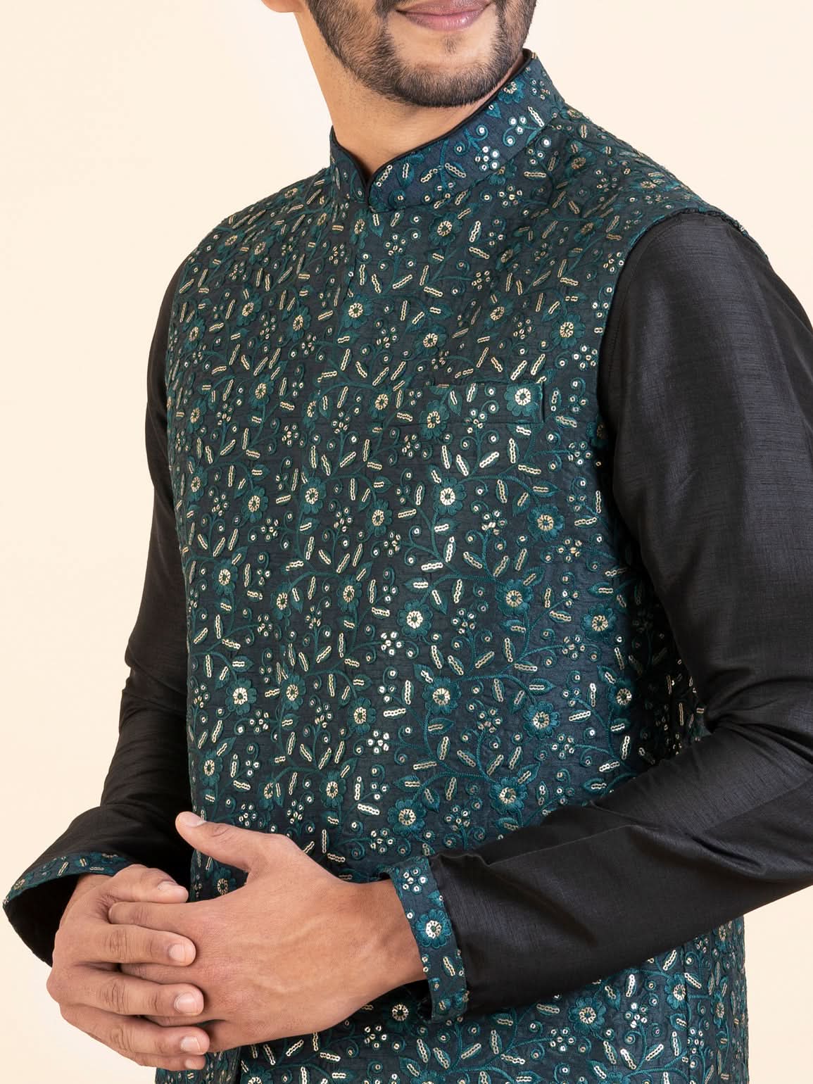 Green Embroidered Jacket Kurta Set