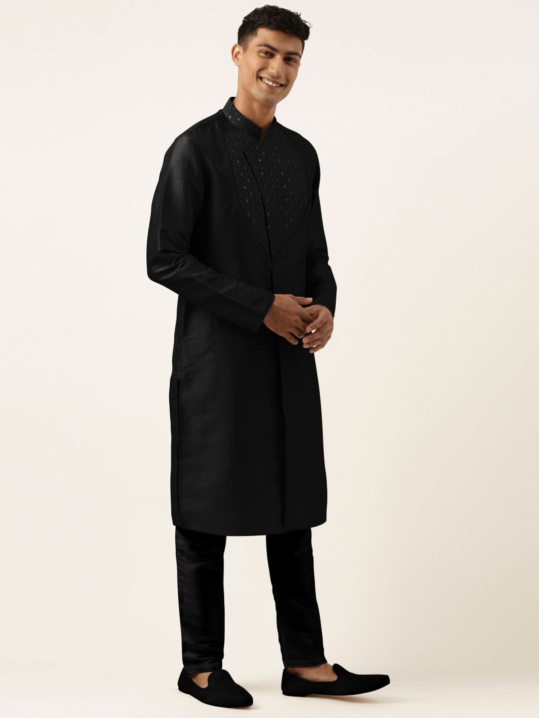 Black Embroidery Angrakha Kurta Set