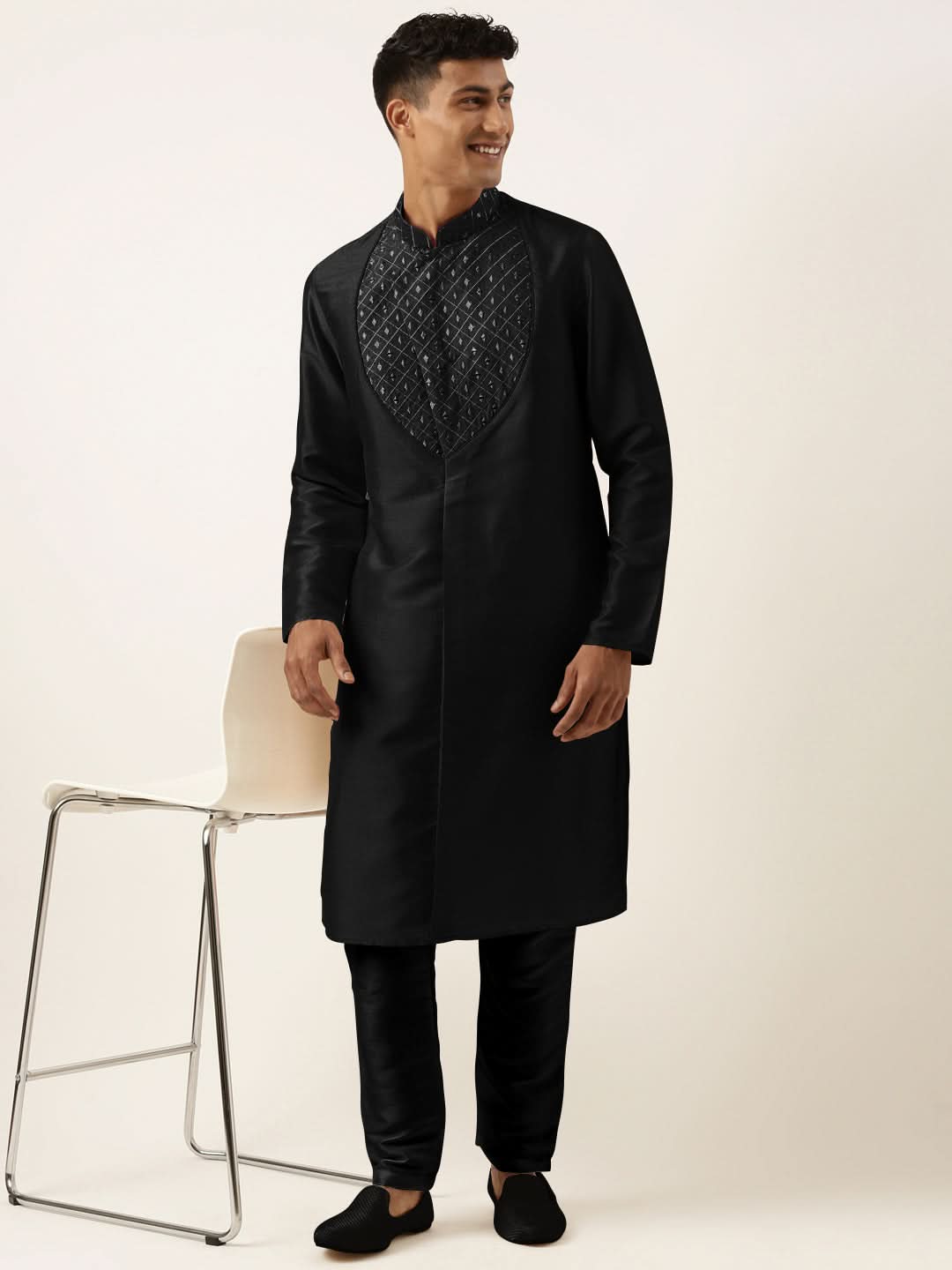Black Embroidery Angrakha Kurta Set