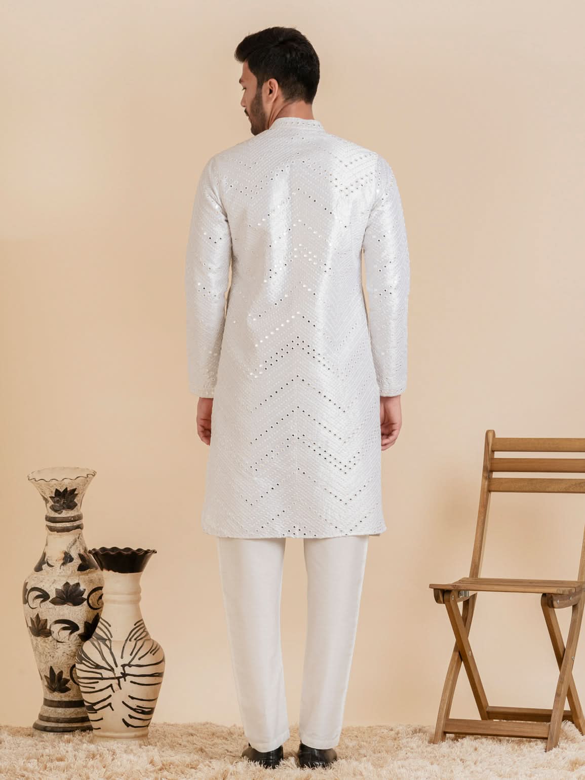 White Silk Mirror Embroidered Kurta Set