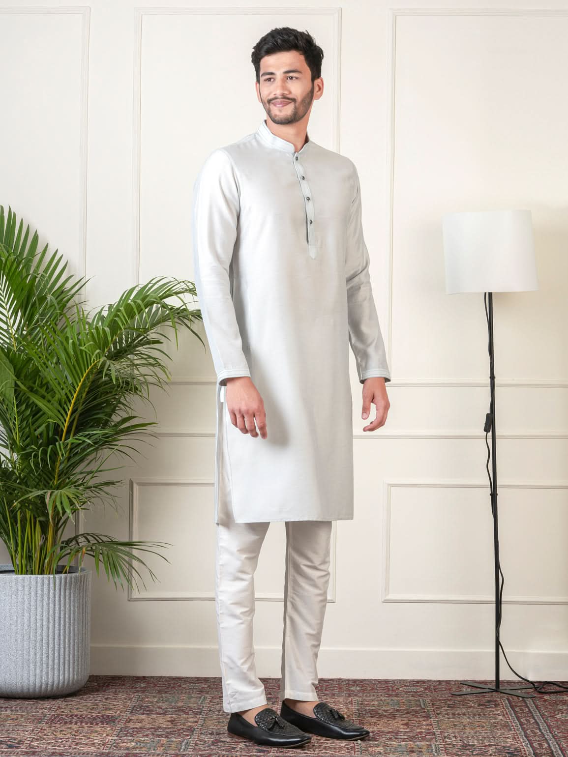 Ivory Grey Jacquard Jacket Kurta Set