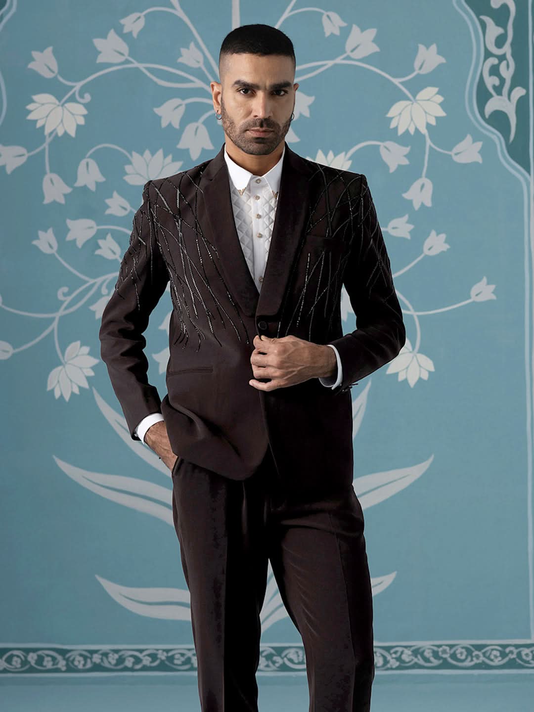 Brown Hand Embroidered Blazer Set