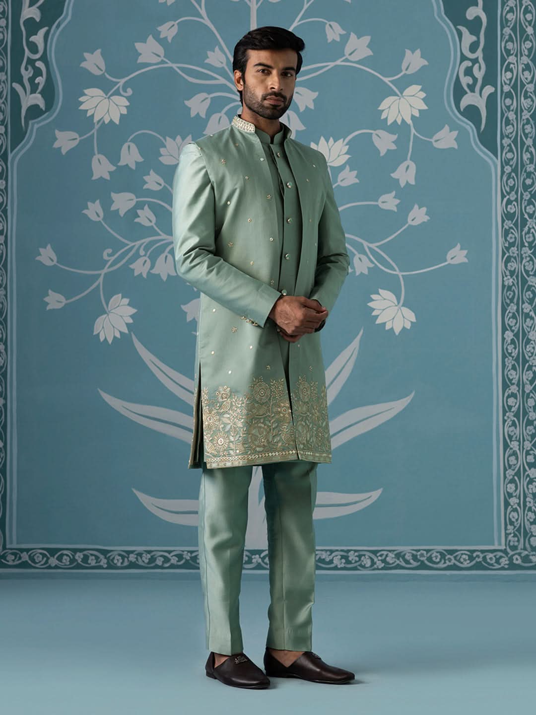 Dusky Green Long Jacket Semi-Sherwani Set