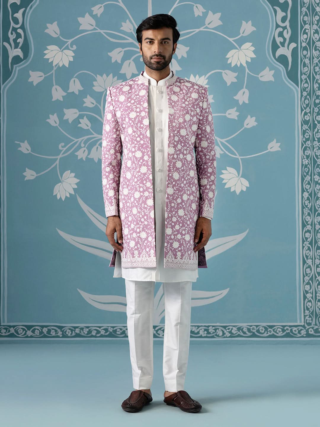 Lilac Floral Embroidered Long Jacket Set
