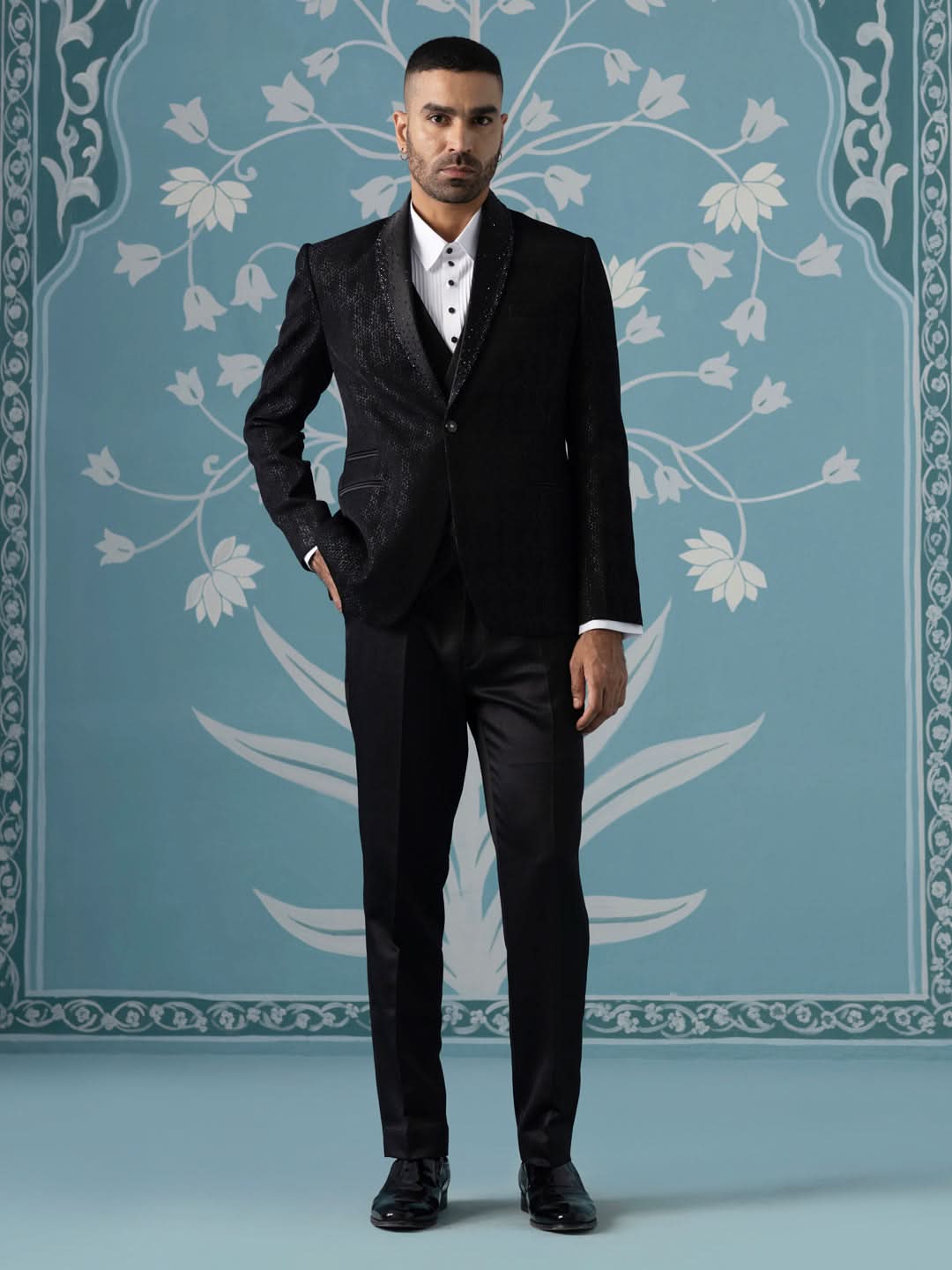Black Self-Textured Tuxedo Set