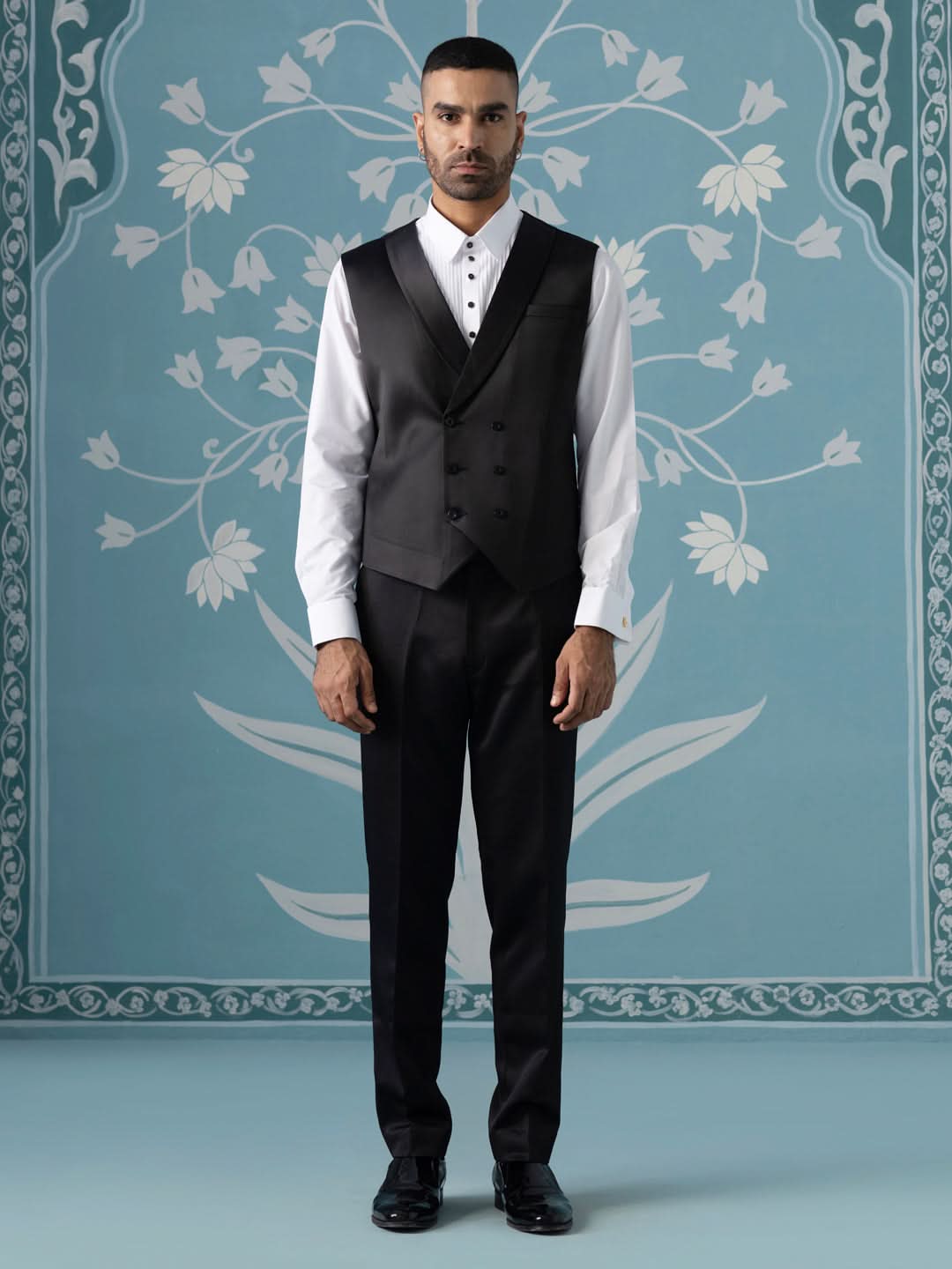 Black Self-Textured Tuxedo Set