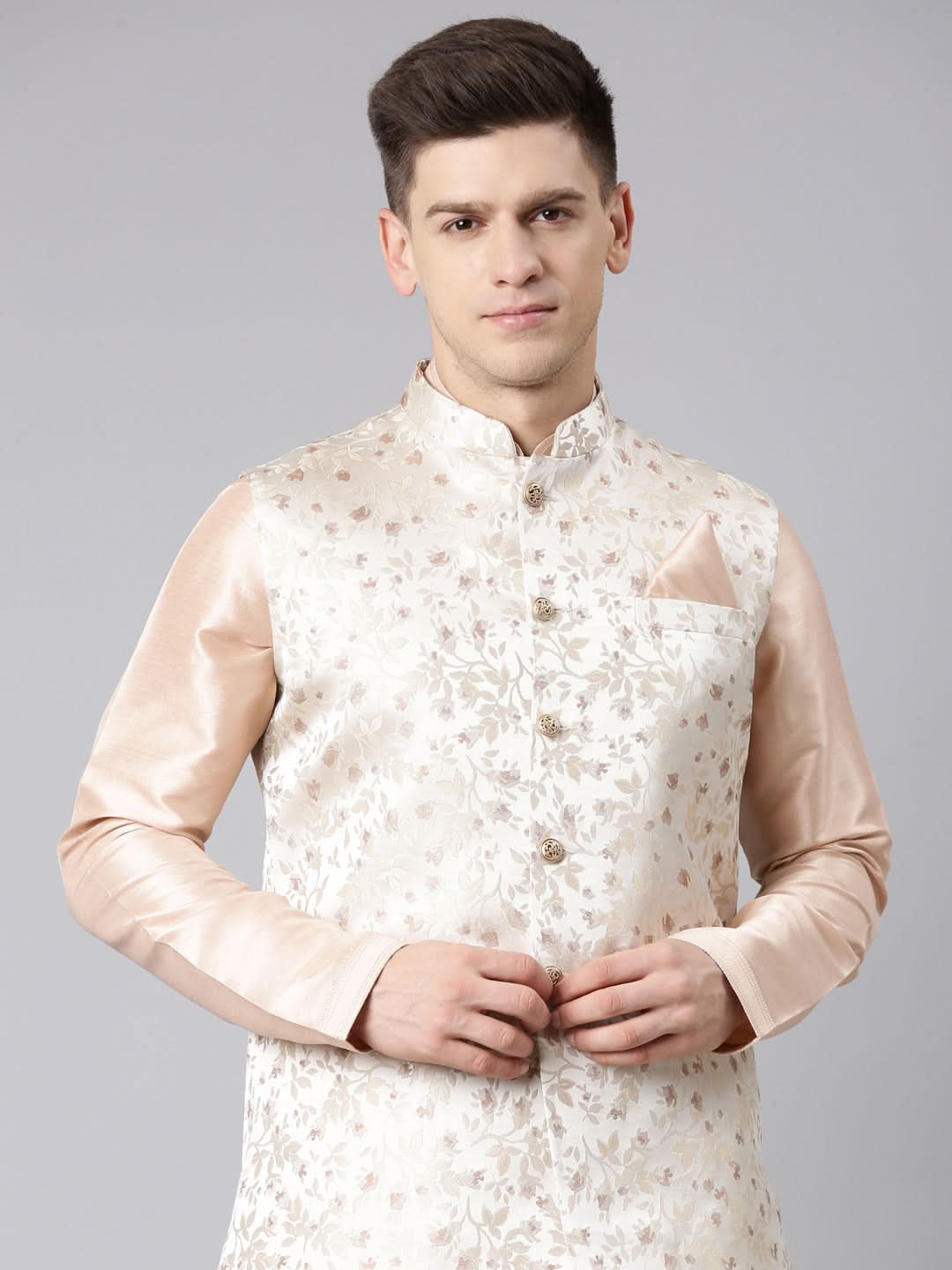 Peach Beige Jacquard Jacket with Kurta Set