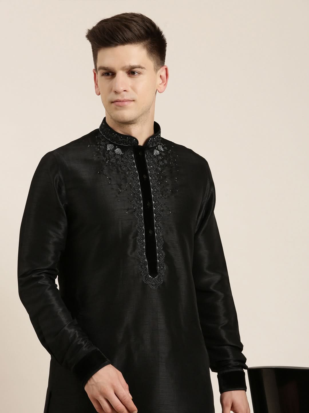 Black Art Silk Embroidered Kurta Set