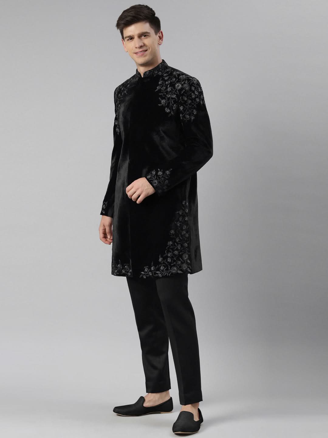 Black velvet embroidery Achkan