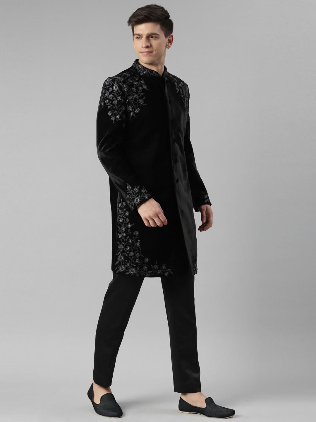 Black velvet embroidery Achkan