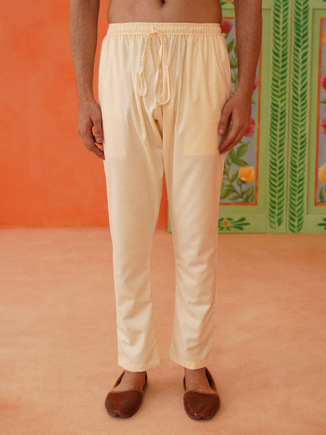 Cream Cotton Floral Embroidery Kurta Set