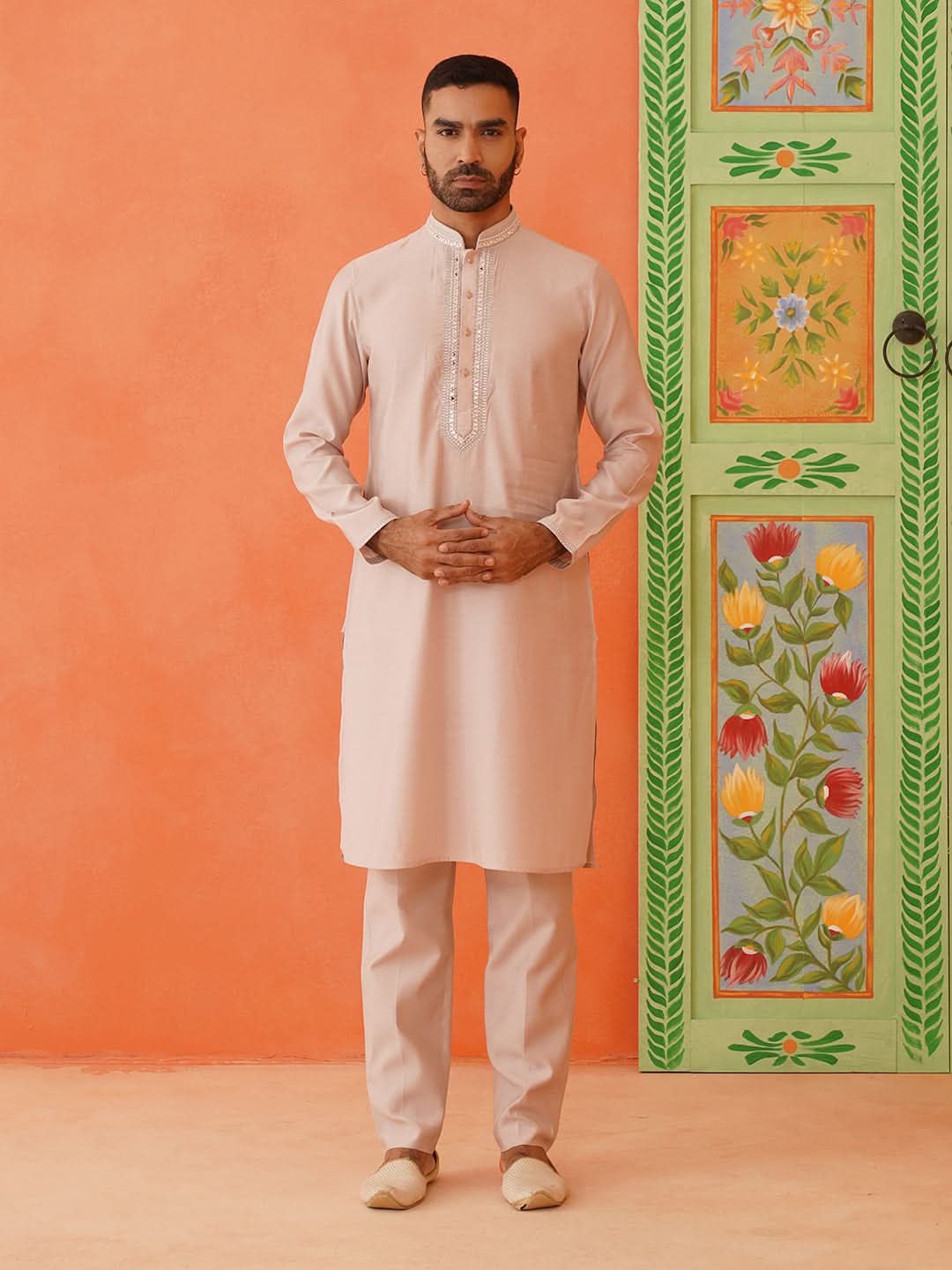 peach mirror work Kurta Set