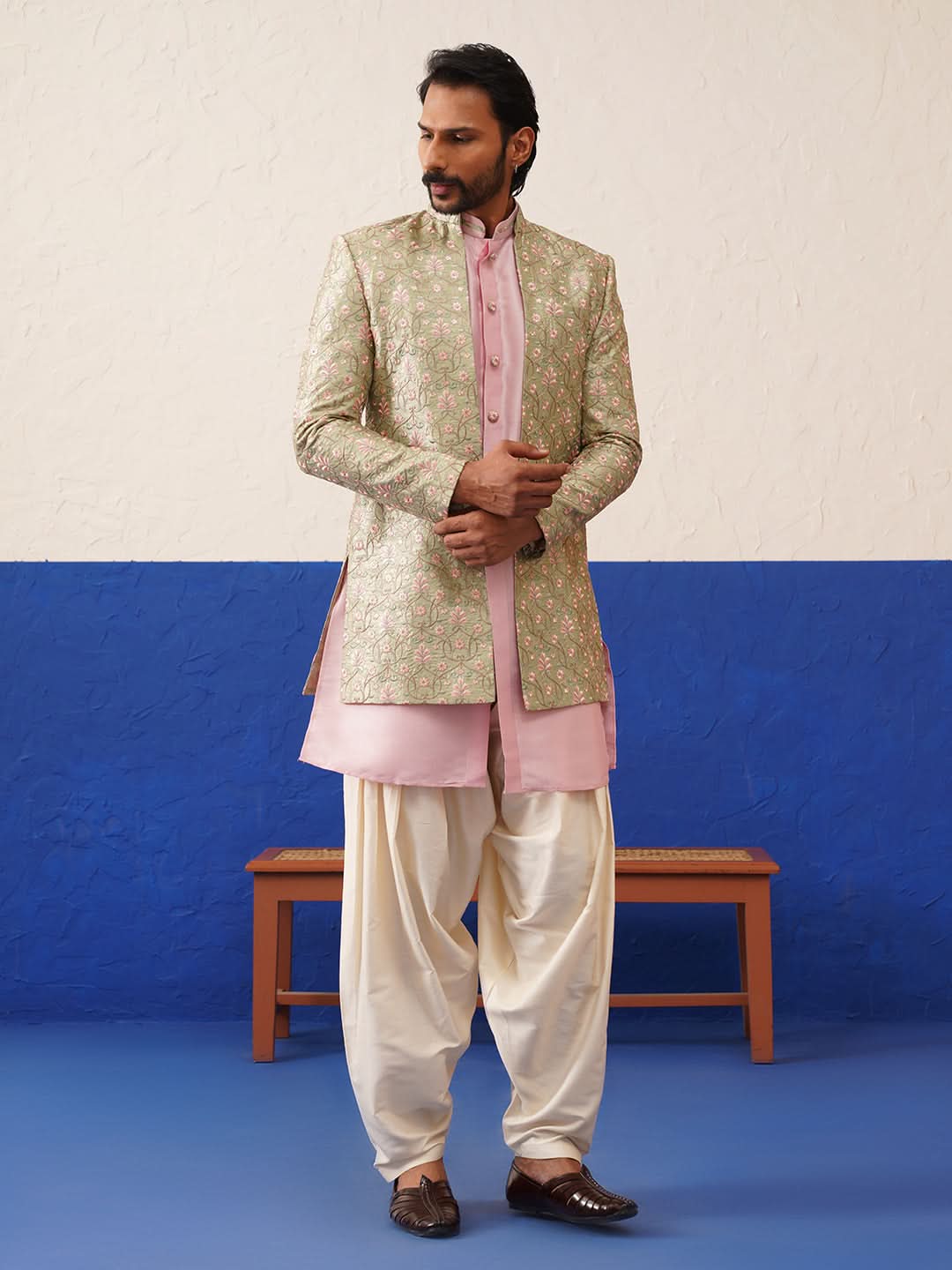 Sage Green Floral Embroidered Indo set