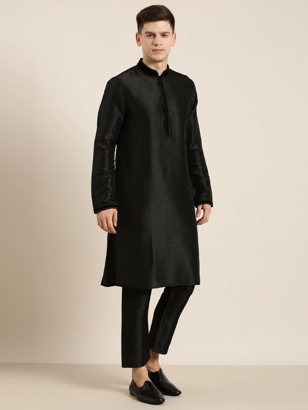 Navy Jacquard Black Booti Jacket With Kurta Set