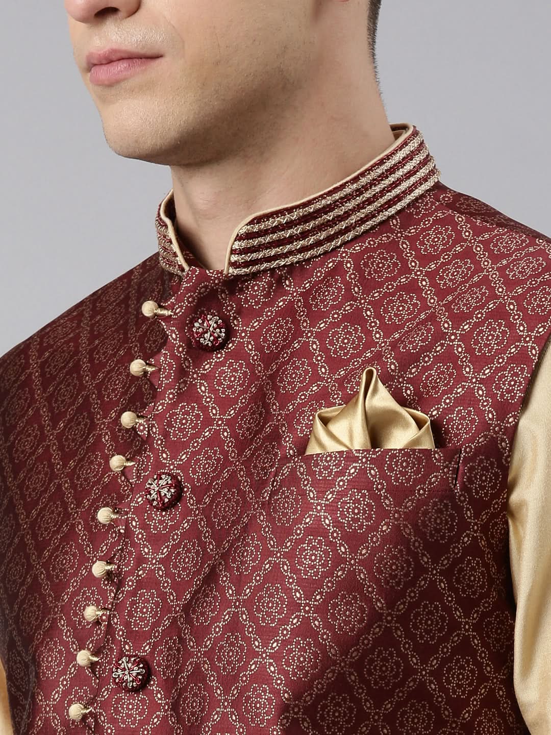 Maroon Banarasi Bundi With Gold Kurta Set