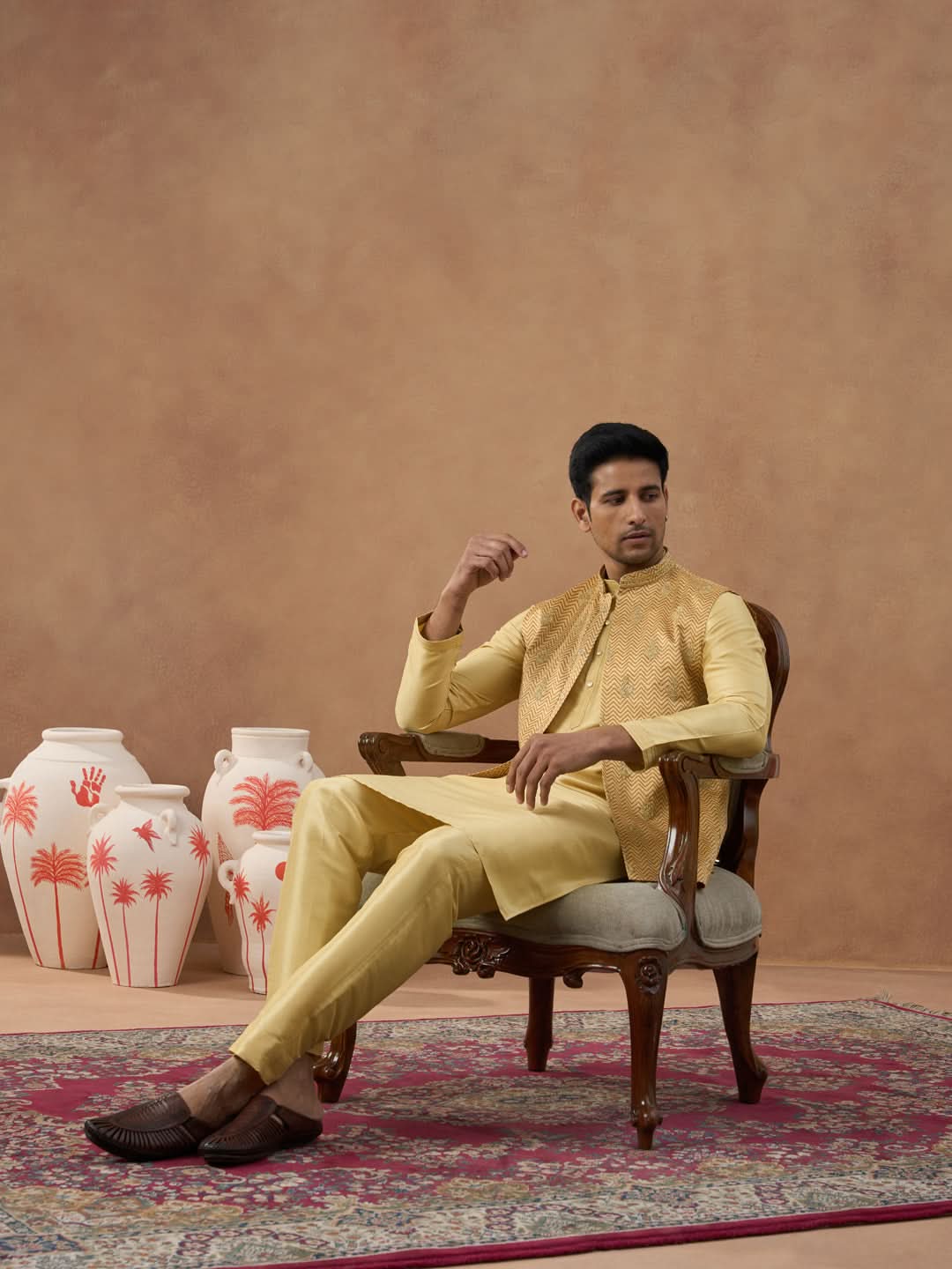 Gold Herringbone Printed Bundi Kurta Set