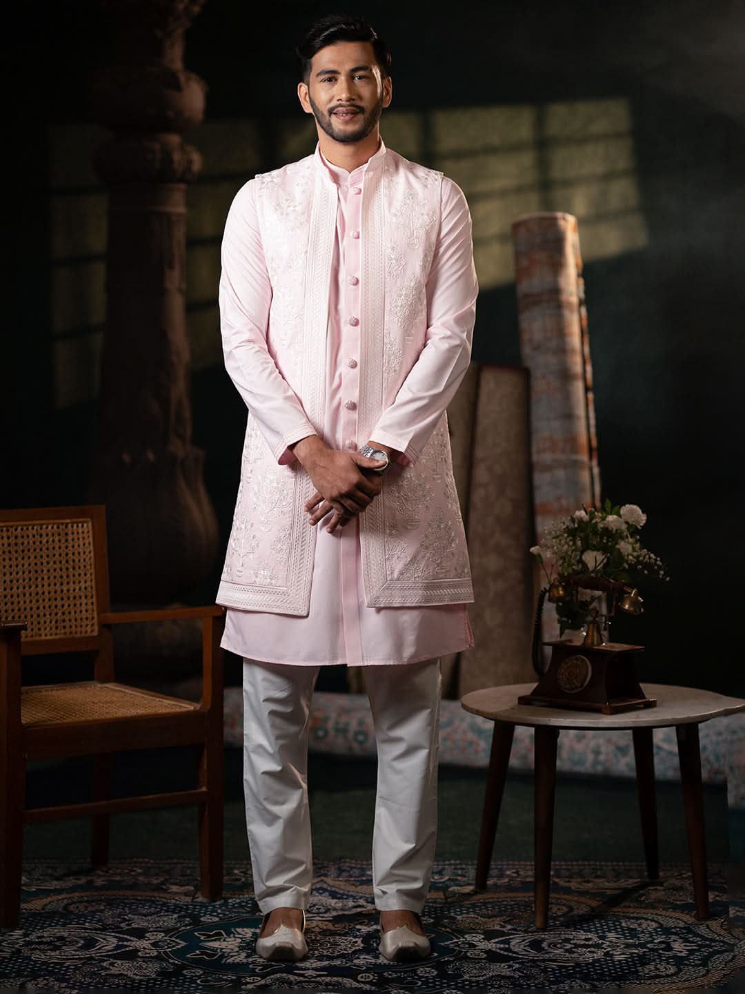 Pink linen Embroidery Long Open Jacket Kurta Set