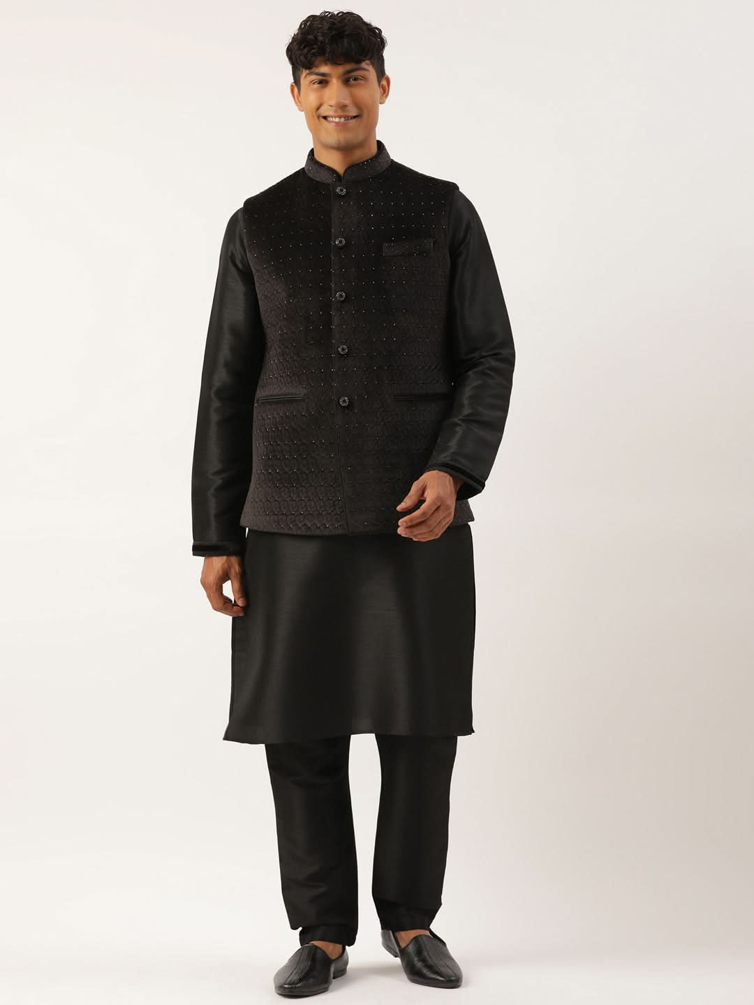 Black Velvet Quilted Jacket Kurta Set