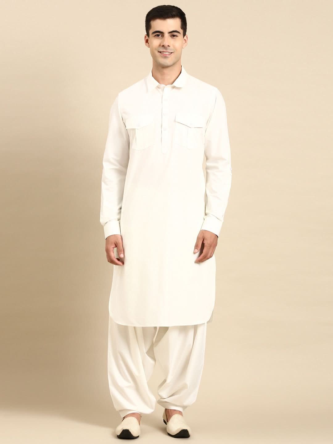 Off White Fine Cotton Pathani With Salwar
