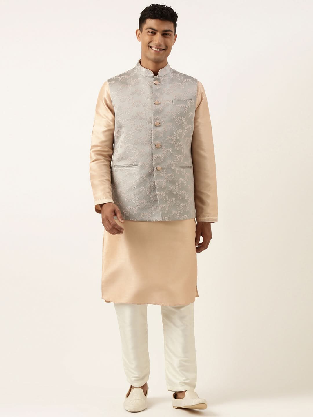 Grey Peach Jacquard Jacket Kurta Set