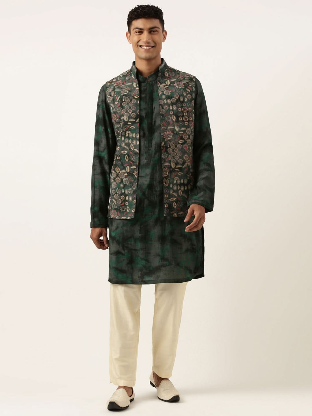 Green Printed Jacket Kurta Set