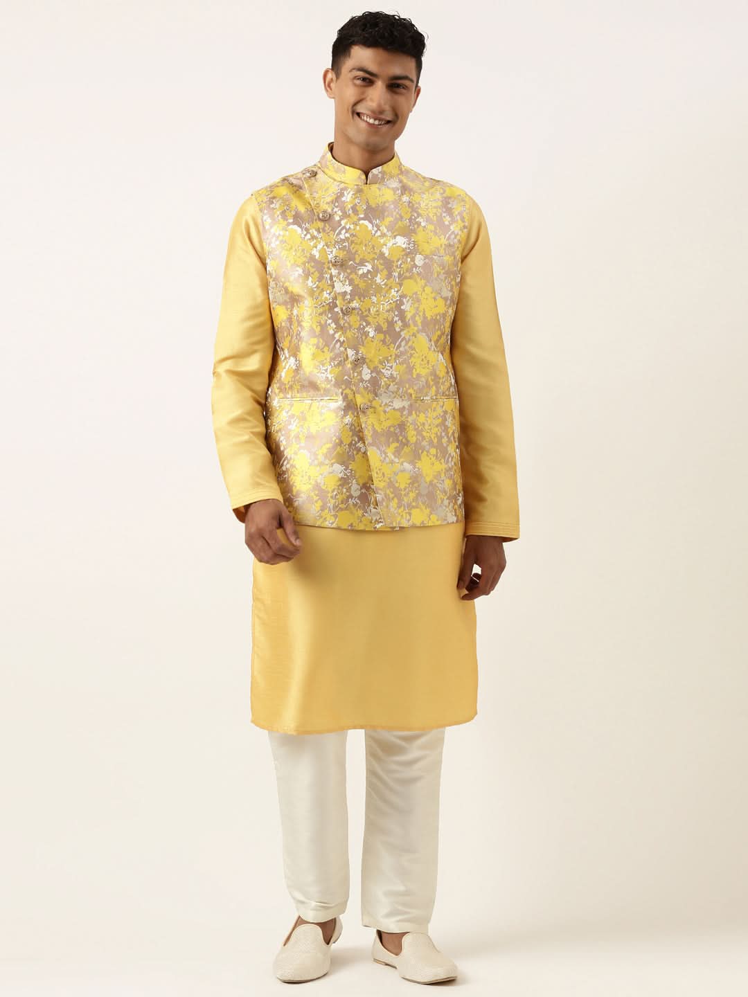 Yellow Floral Jacquard Angrakha Jacket With Beige Kurta