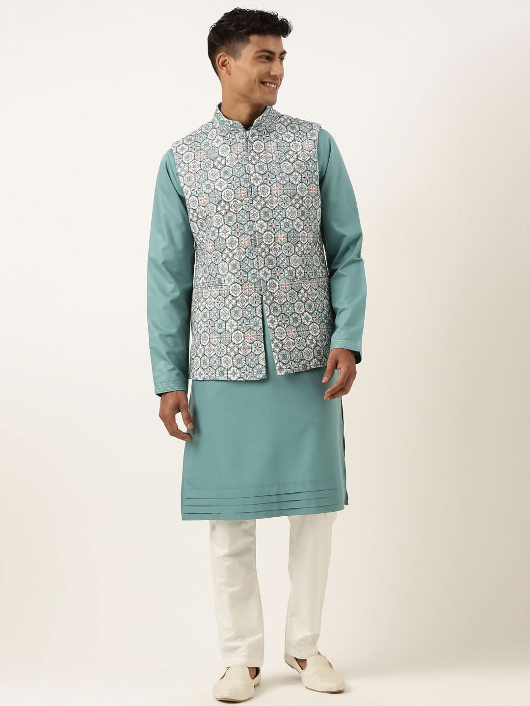 Cotton Printed Embroidered Jacket Kurta Set