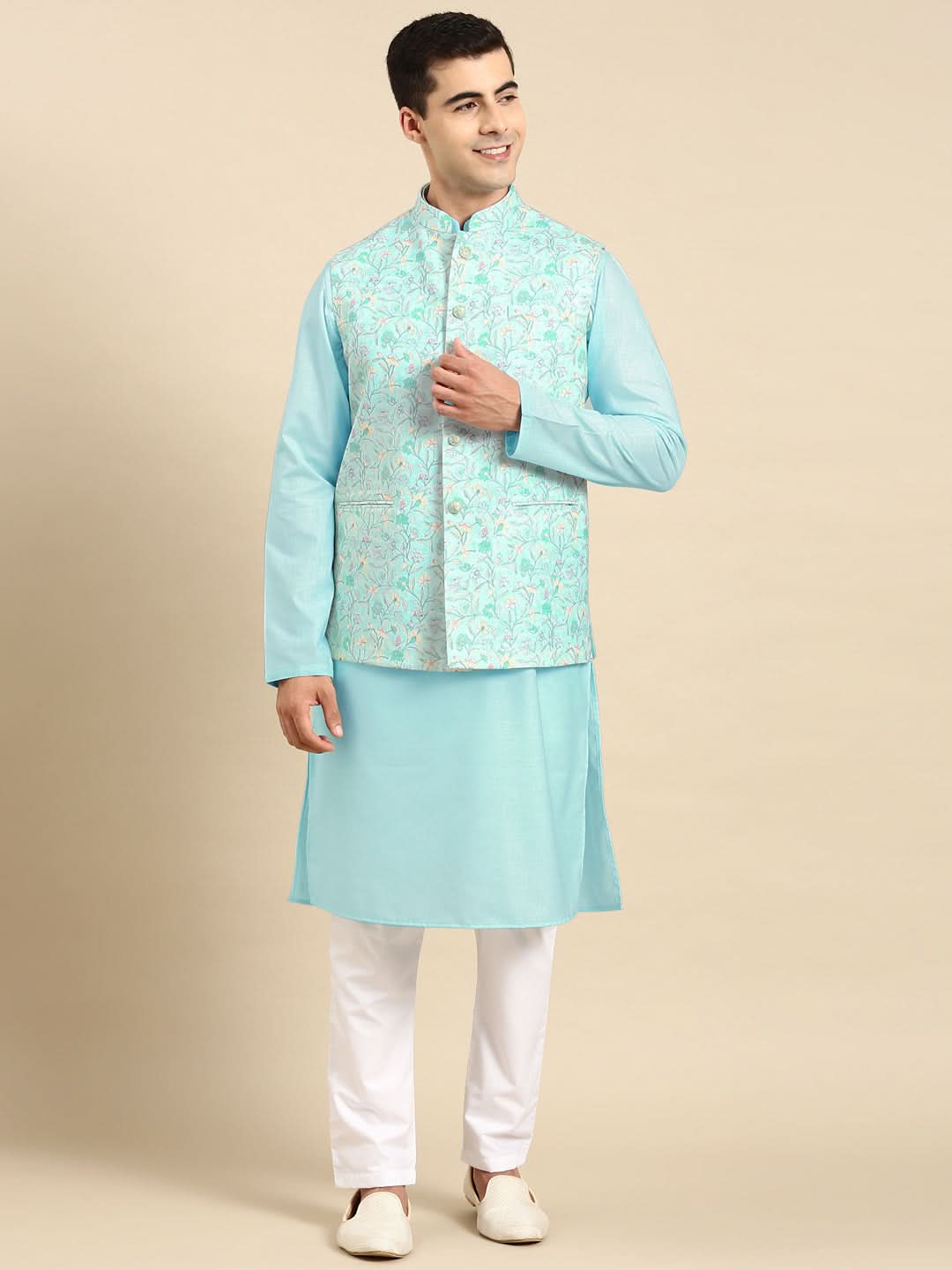 Light Pastel Blue Linen Jacket with Kurta Set