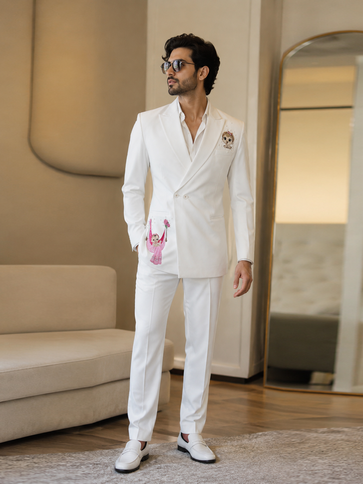 White Embroidered Double-Breasted Suit