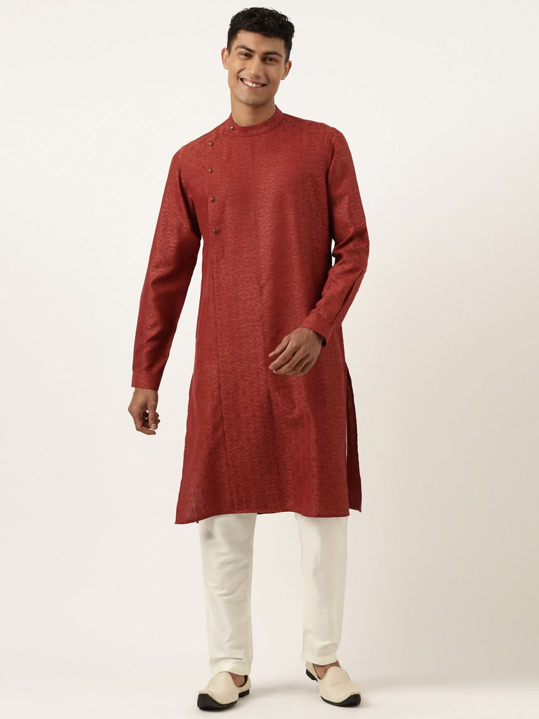Rust Cotton Jacquard Angrakha kurta Set
