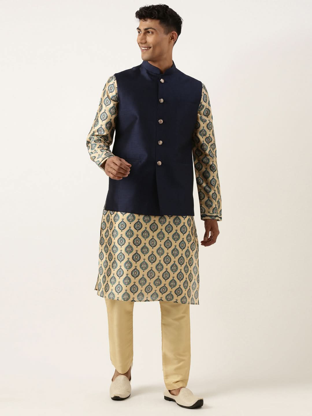 Navy Silk Jacket With Printed Kurta Set
