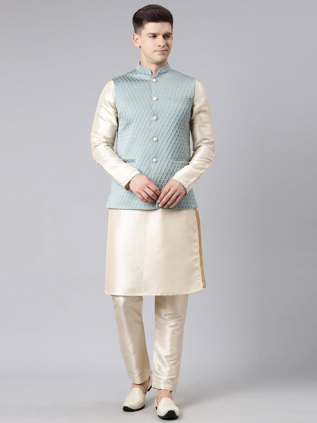 Teal Blue Jacket With Cream Kurta Set