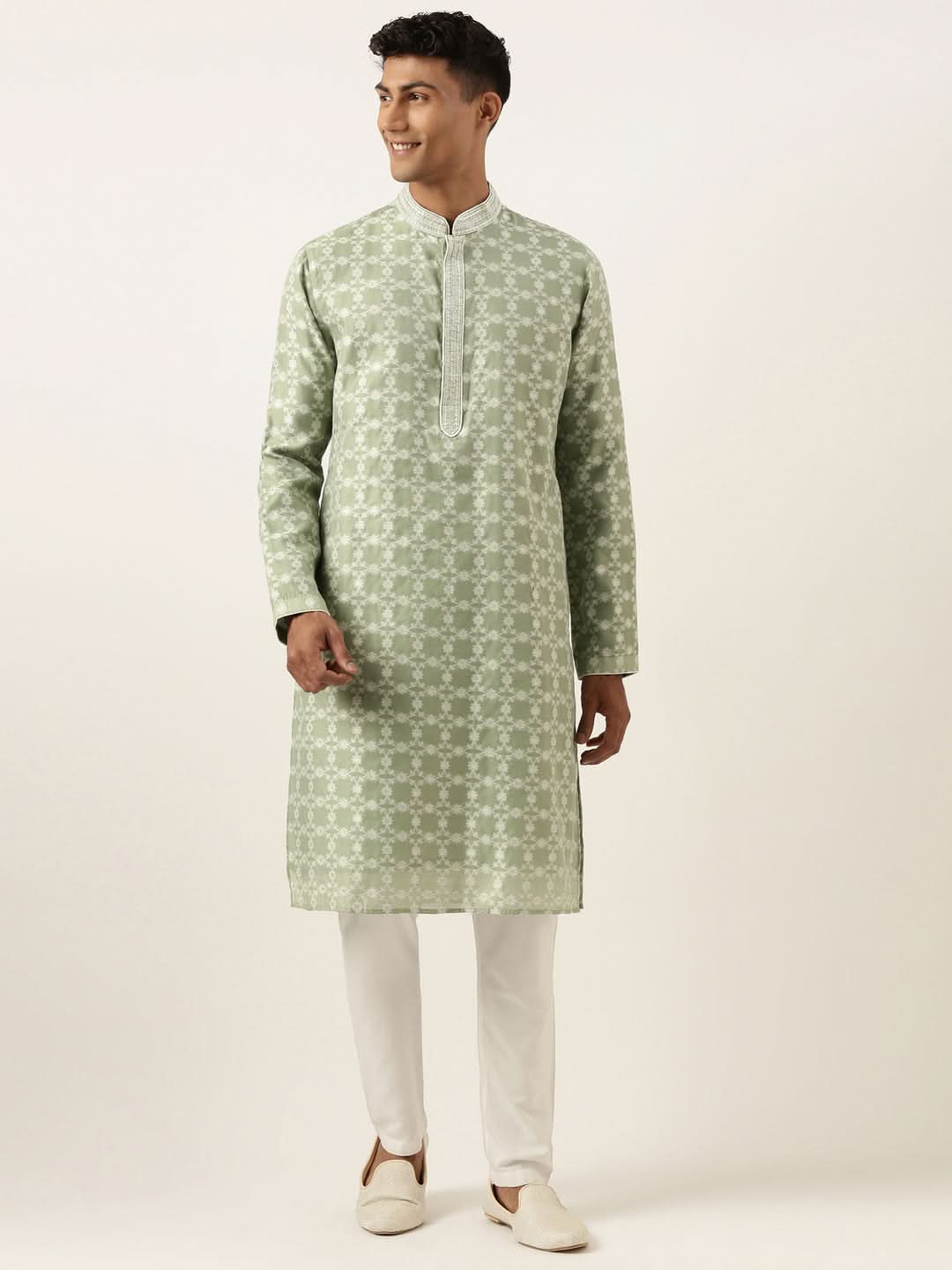 Green Jacquard Silk Kurta Set