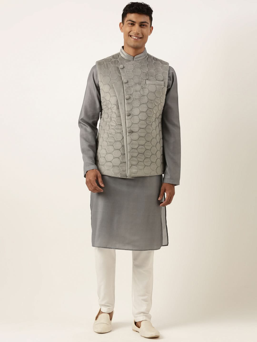 Grey Velvet Quilted Jacket Kurta Set