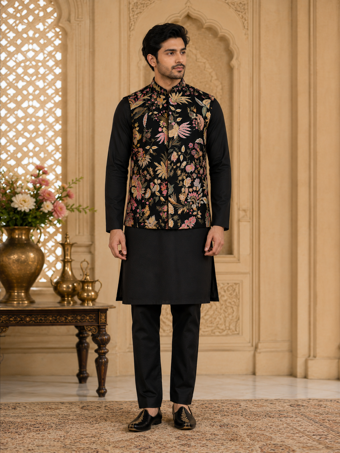 Black Floral Embroidered Jacket Set