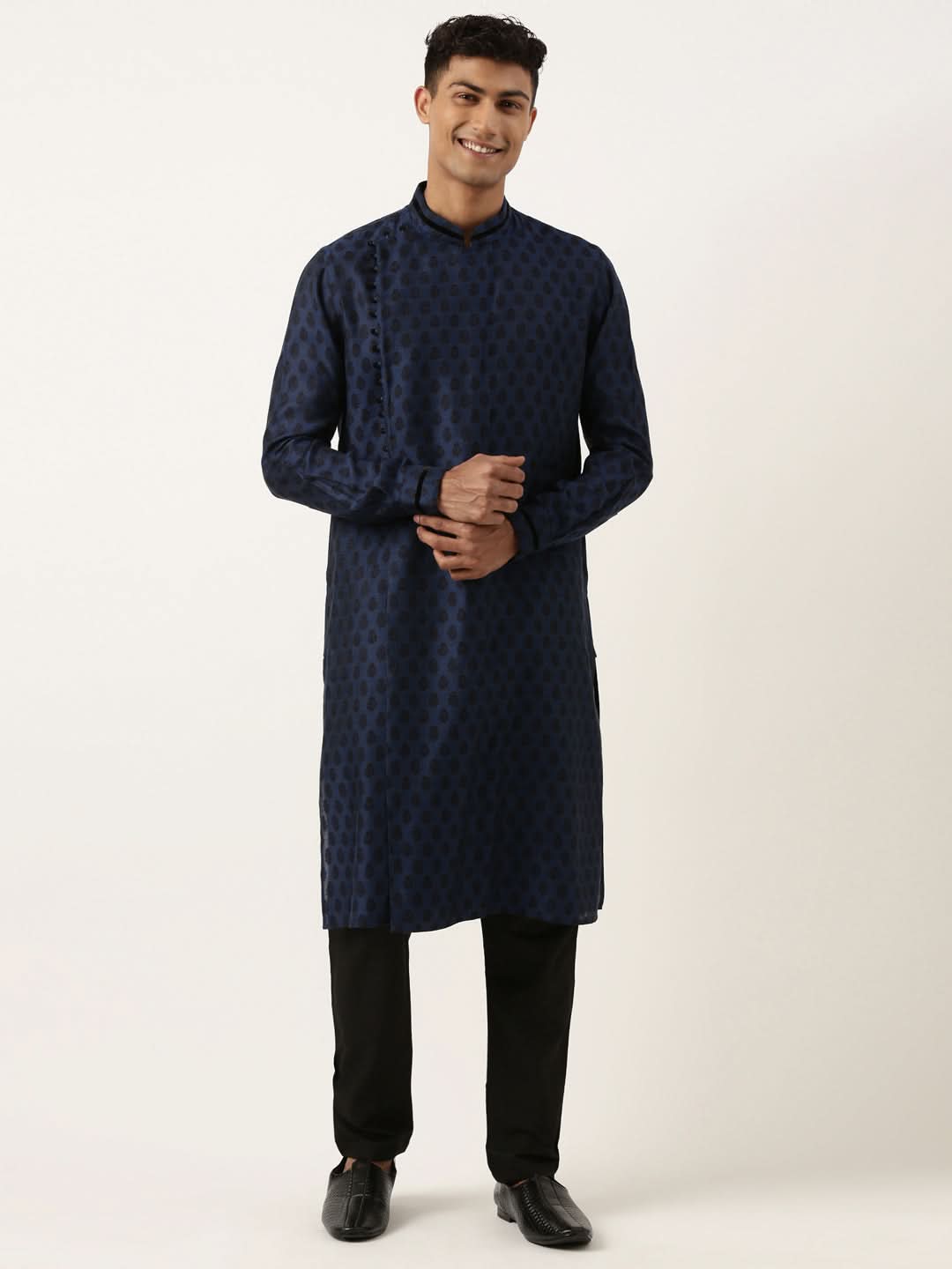 Navy Jacquard Black Booti Chanderi Silk kurta set