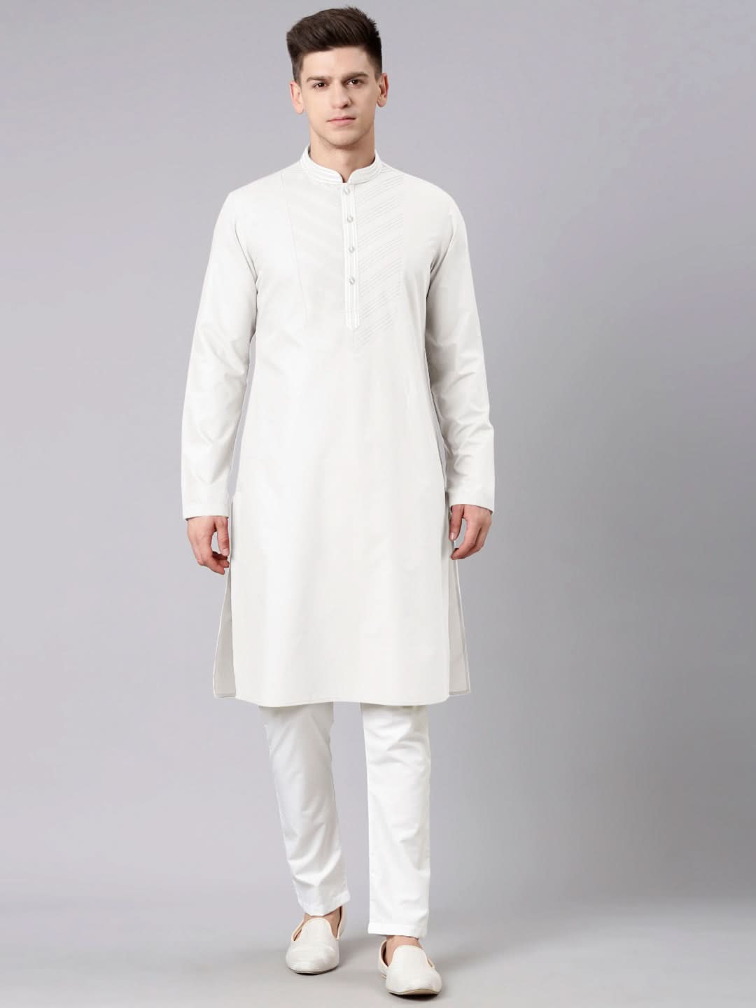 Off White Pleated Cotton Kurta Set