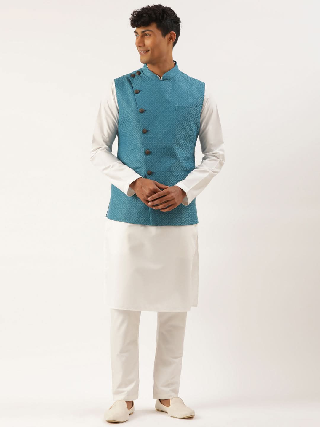 Teal Blue Cotton Jacket With White Kurta