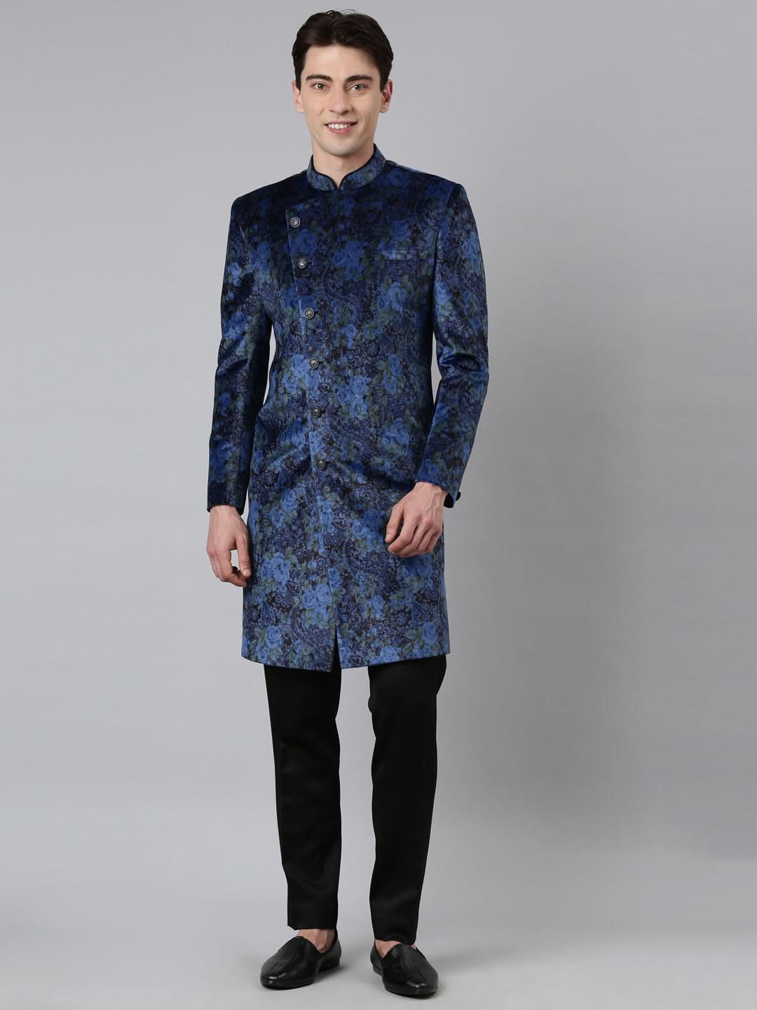 Blue Printed Velvet Angrakha Indowestern