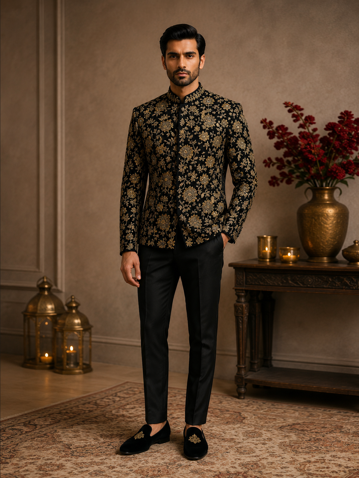 Navy BlueVelvet Gold Floral Embroidered Bandhgala