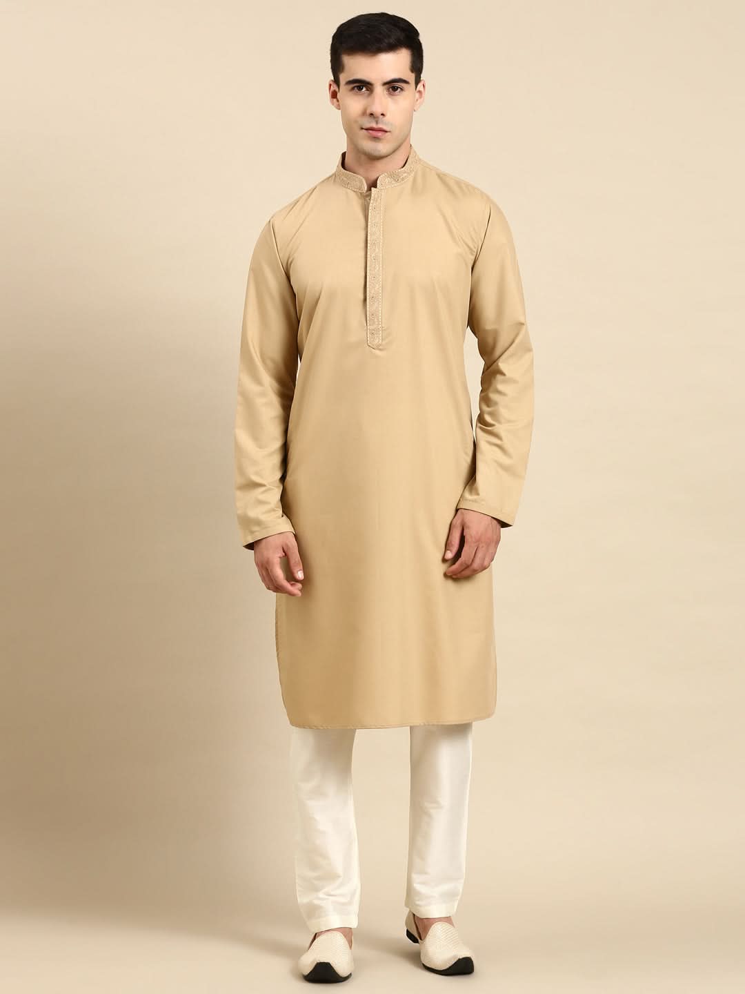 Beige Cotton Dori Embroidered Kurta Set