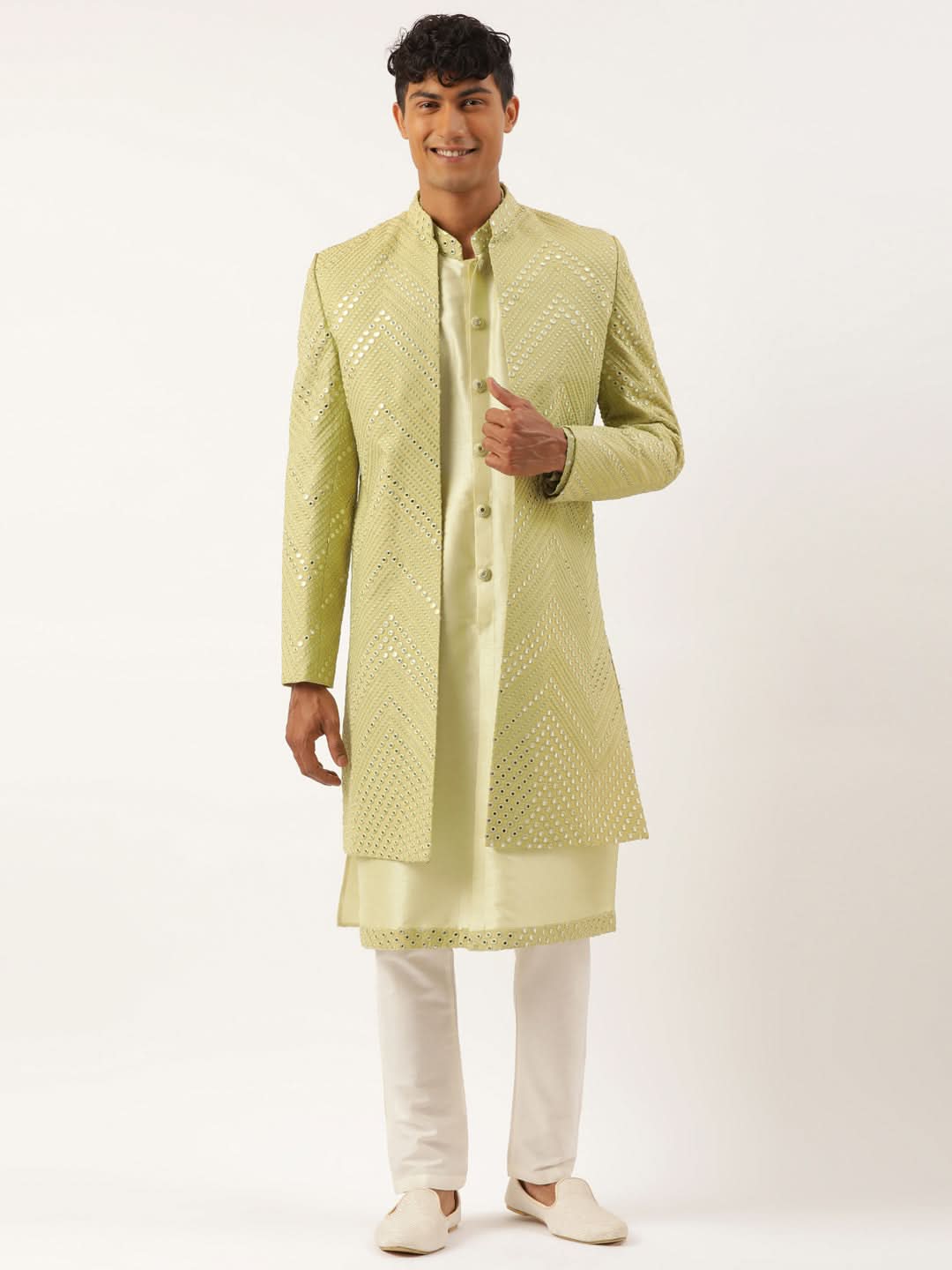 Pistachio Mirror Embroidered Indowestern With Kutra