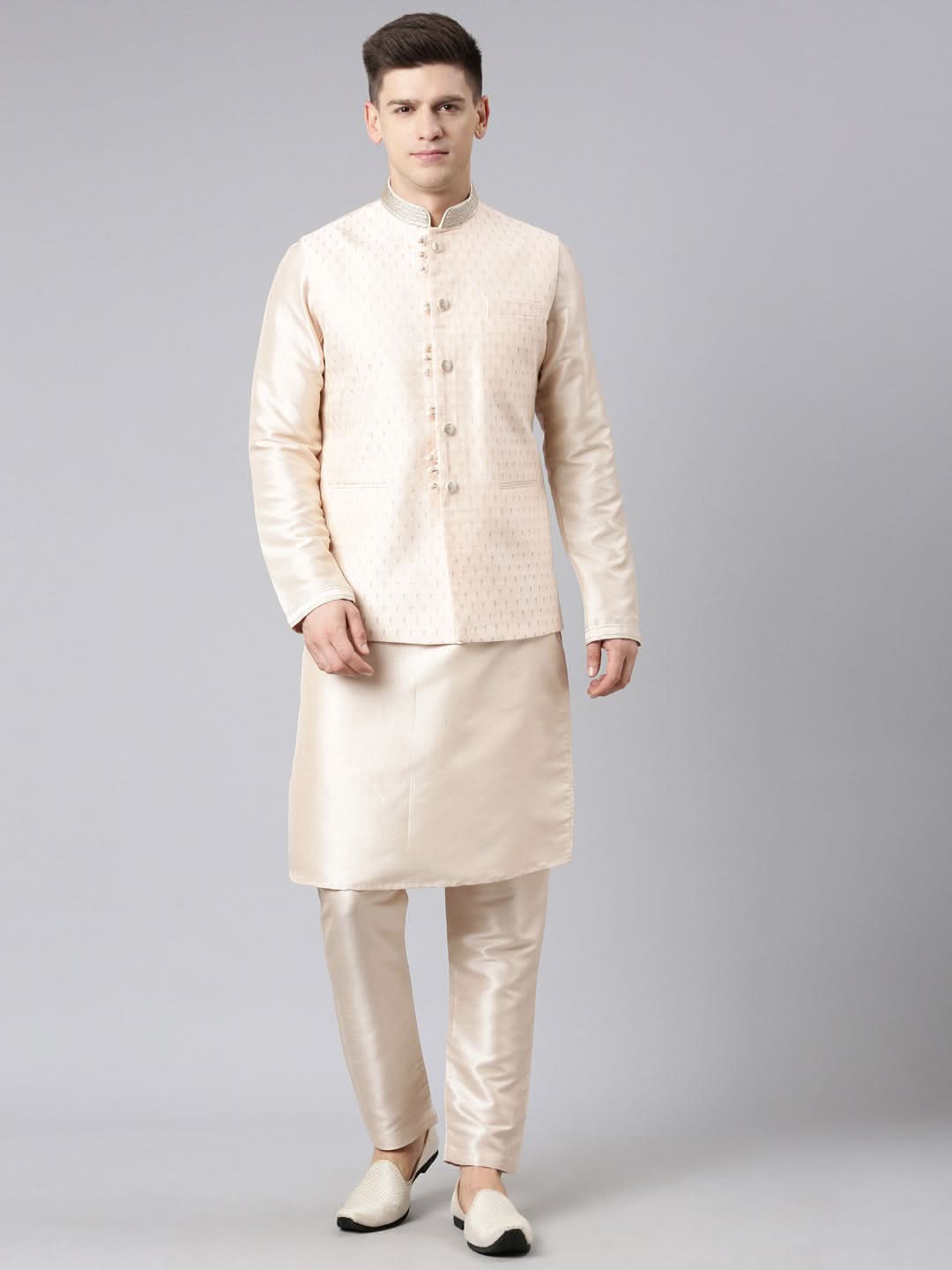 Light Pink Banarasi Jacquard Jacket Kurta Set