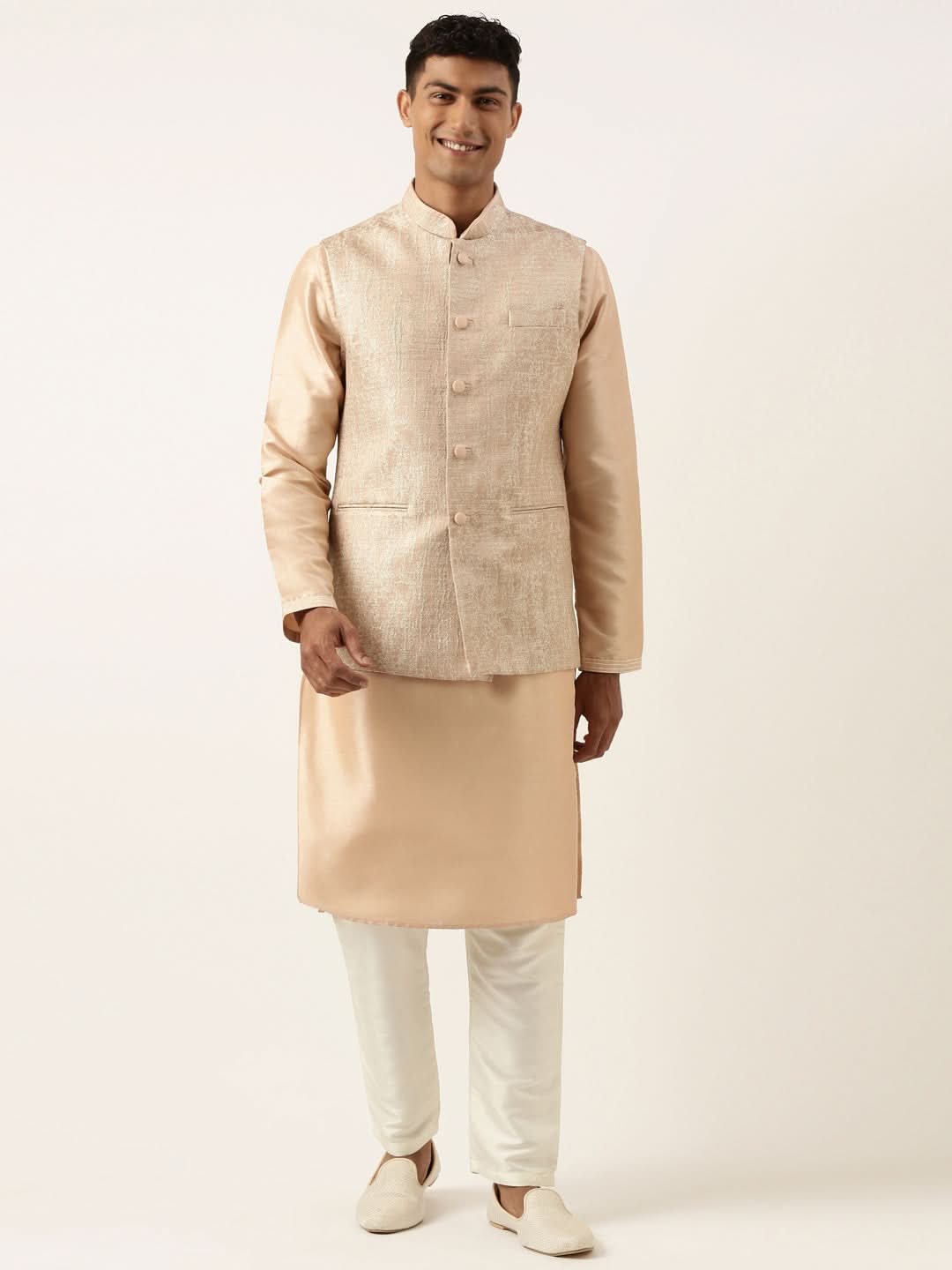 Peach Jacquard Jacket Kurta Set