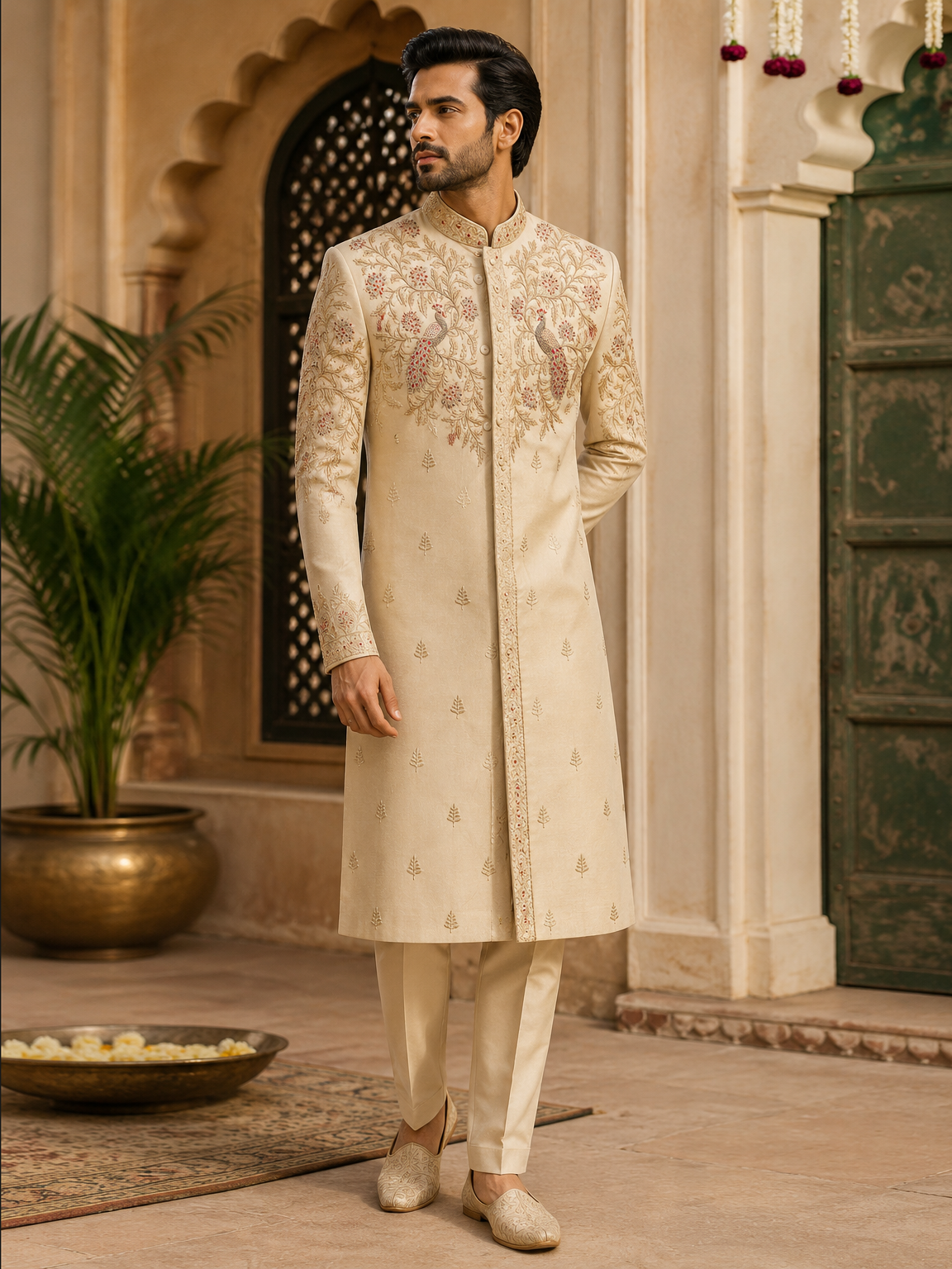 Beige Peacock Floral Embroidered Sherwani Set