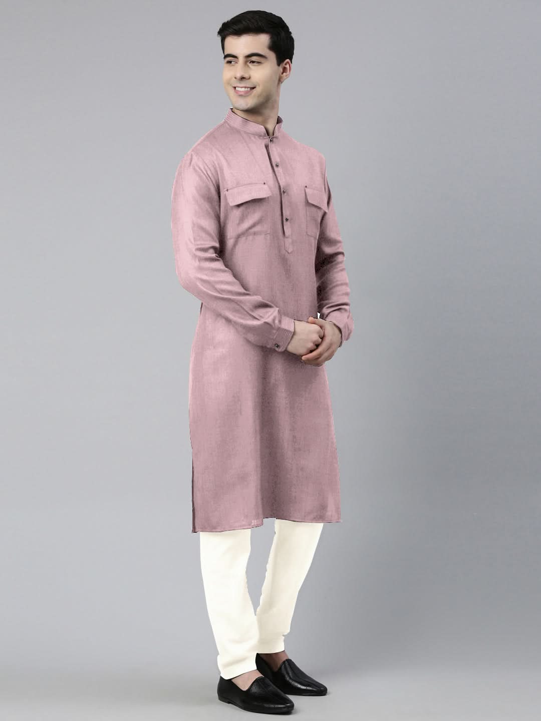 Old Rose Cotton Pathani Kurta Set with Patch pocket