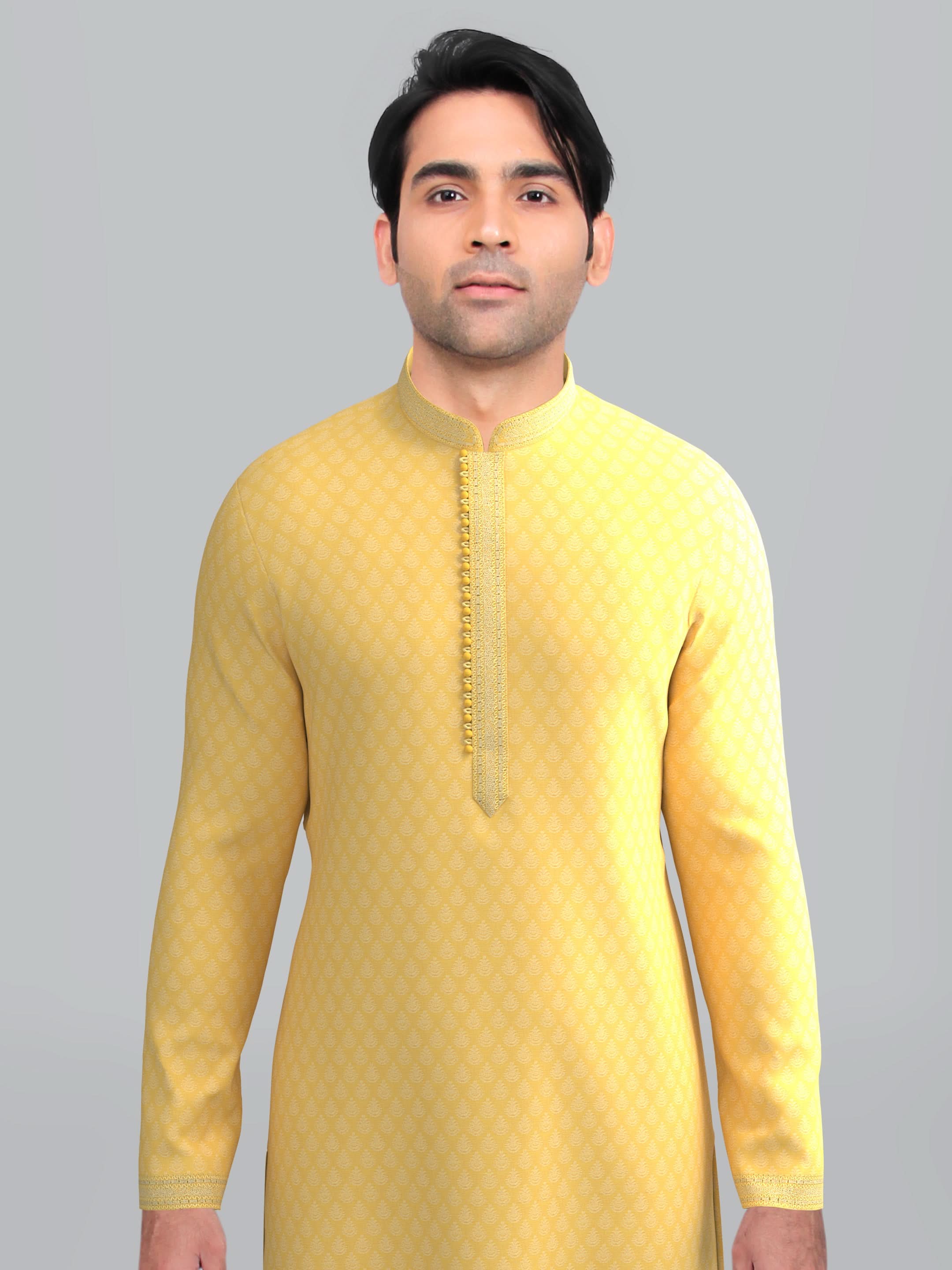 Yellow jacquard Embroidered Kurta